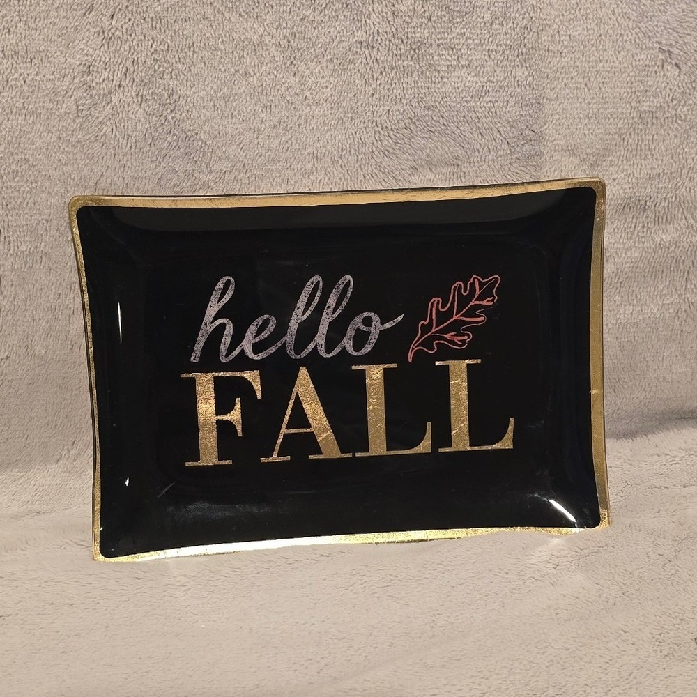 Bath & Body Works Hello Fall Glass Trinket Tray Black Gold Foil Autumn Decor